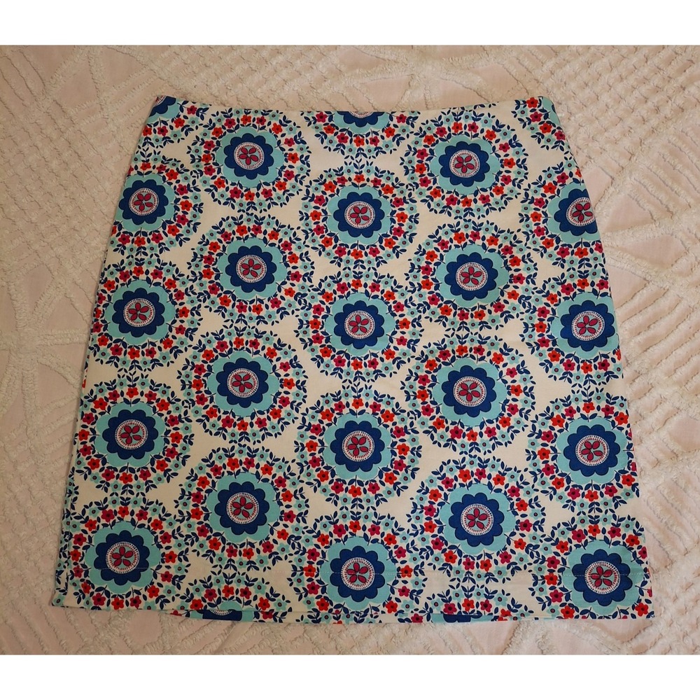 Talbots Womens 10 A-Line Skirt Blue Red Floral Medallion Cotton Blend Side Zip